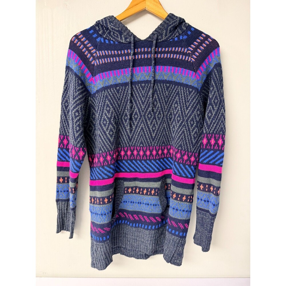 Say What Hooded Knit Sweater Navy Pink Blue Geometric Kangaroo Pocket